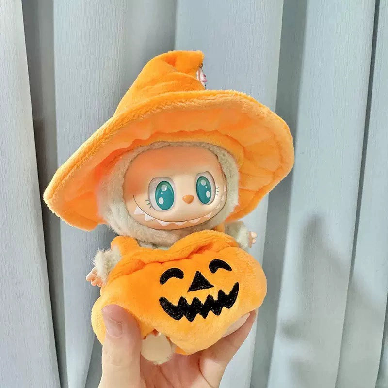 Labubu Pumpkin Costume Set - 17cm Jumpsuit with Oversized Witch Hat for Vinyl Dolls