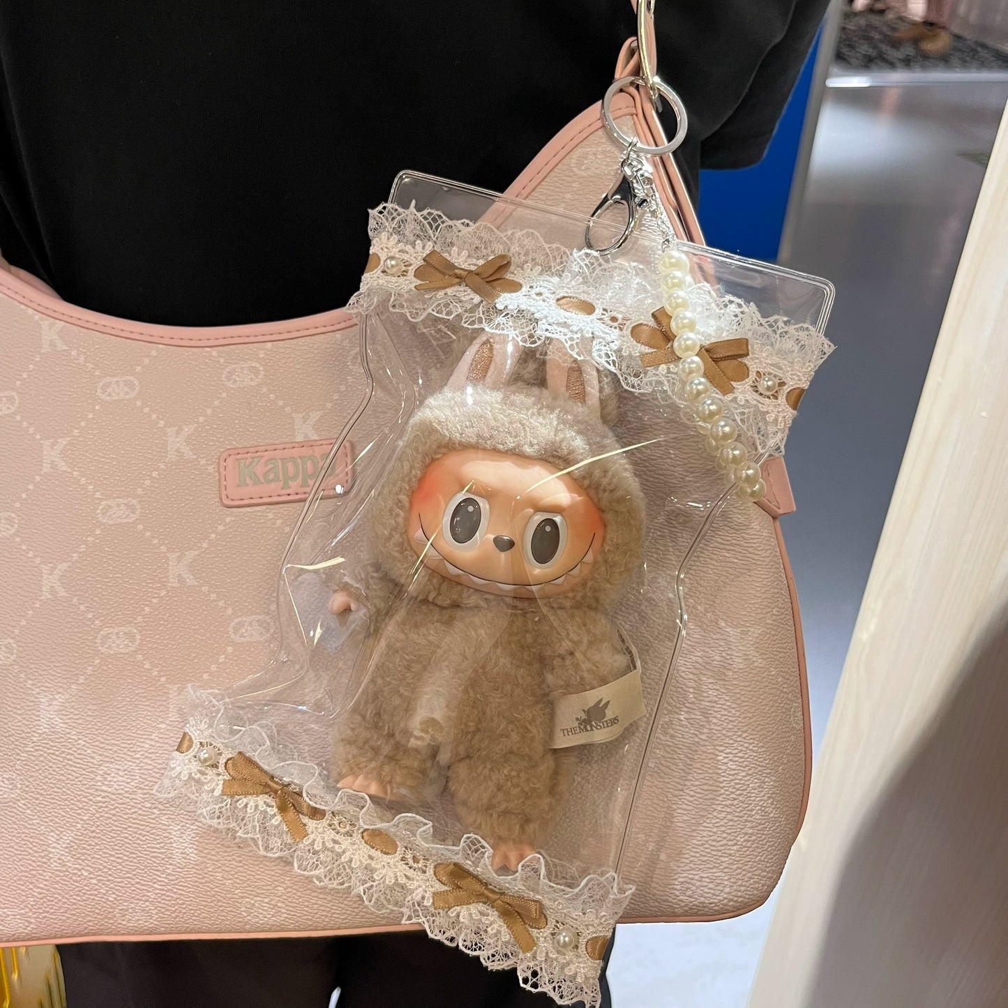 17cm Handmade Lace Doll Carrier - Clear Dustproof Bag for Hanging Display & Outdoor Use