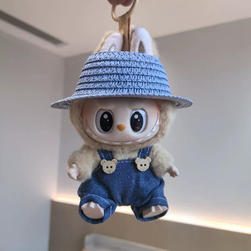 17cm Labubu Denim Overalls Hat Set & Phone Strap for Keychain Doll Accessories
