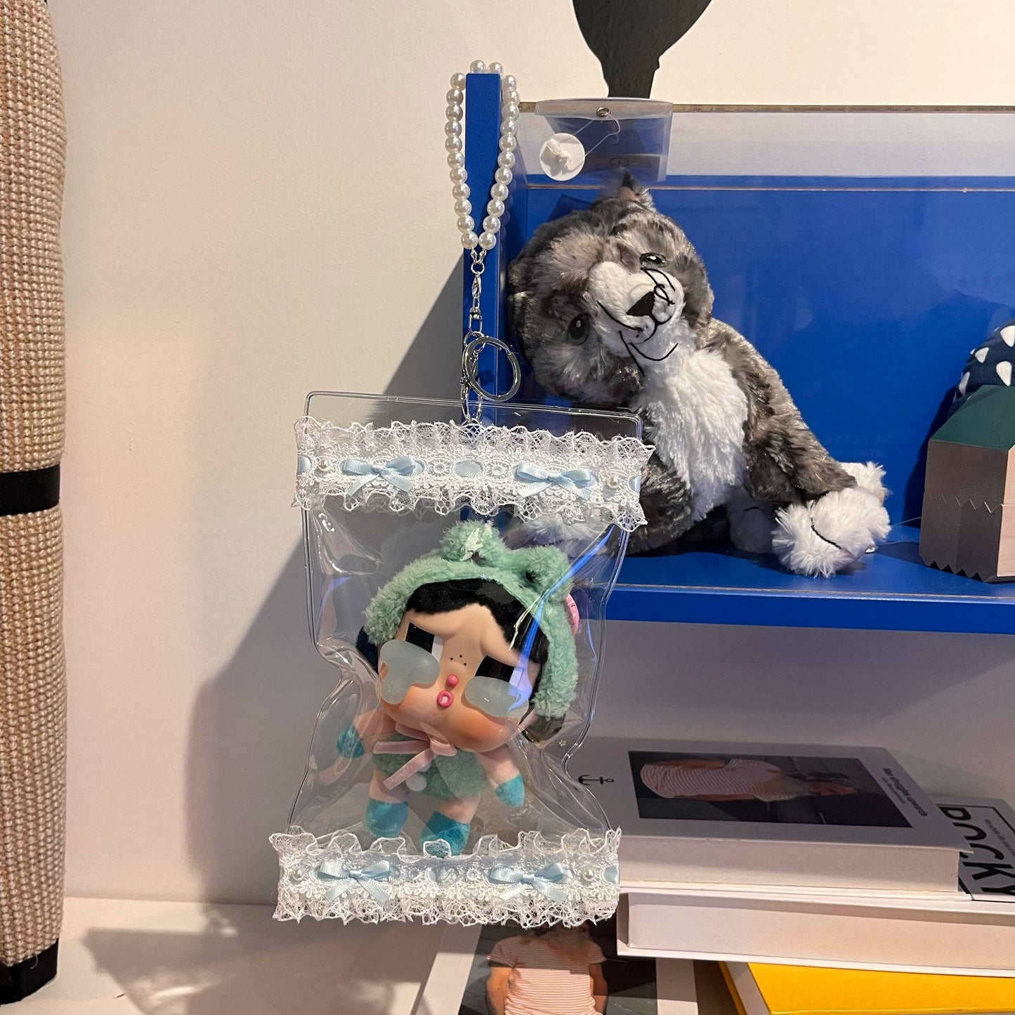 17cm Handmade Lace Doll Carrier - Clear Dustproof Bag for Hanging Display & Outdoor Use
