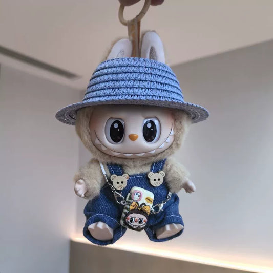 17cm Labubu Denim Overalls Hat Set & Phone Strap for Keychain Doll Accessories