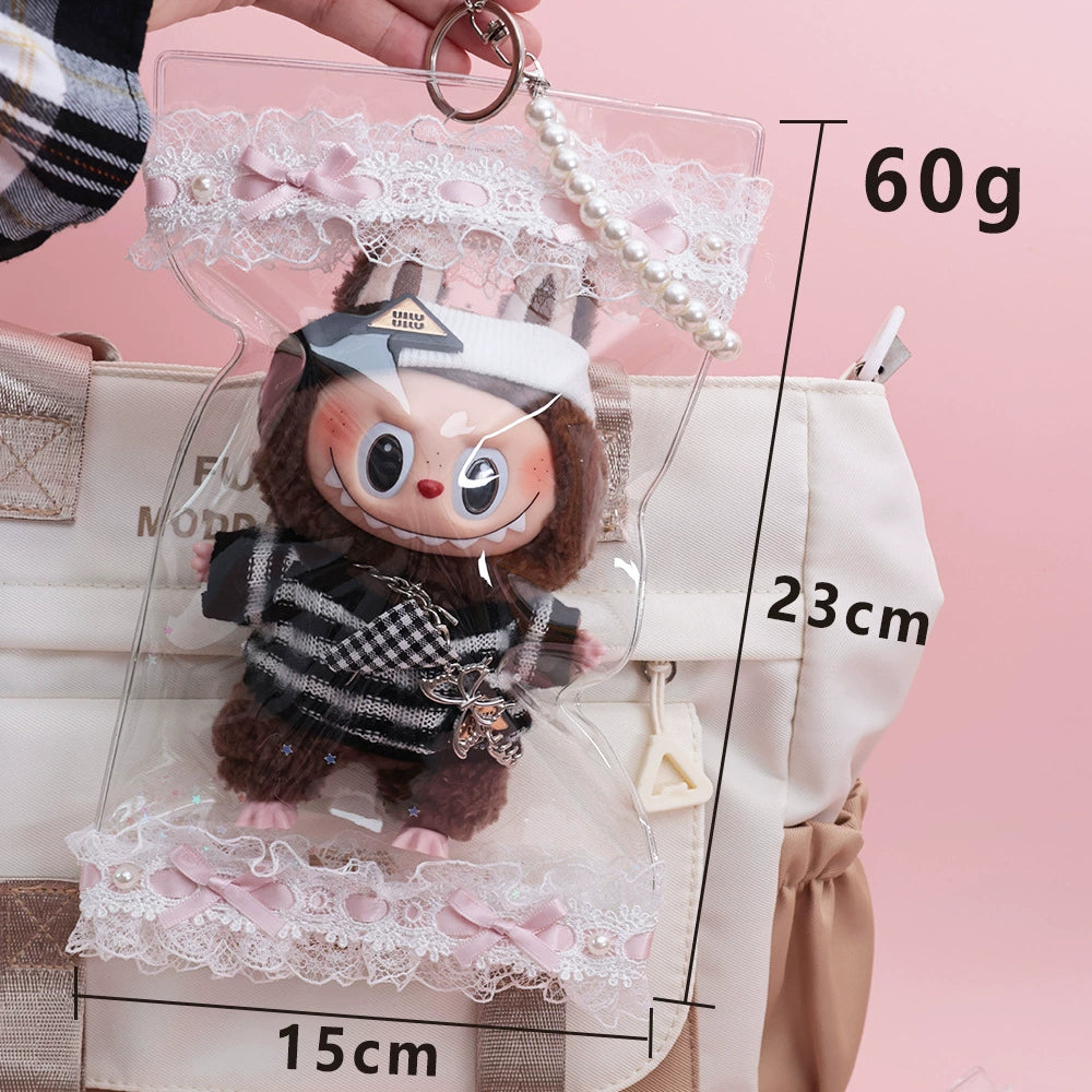 17cm Labubu Gen 1-3 Clear Acrylic Dust-Proof Display Case with Detachable Strap & Keychain Charm | Vinyl/Plush-Compatible Transparent Tote for Collectible Dolls & Accessories
