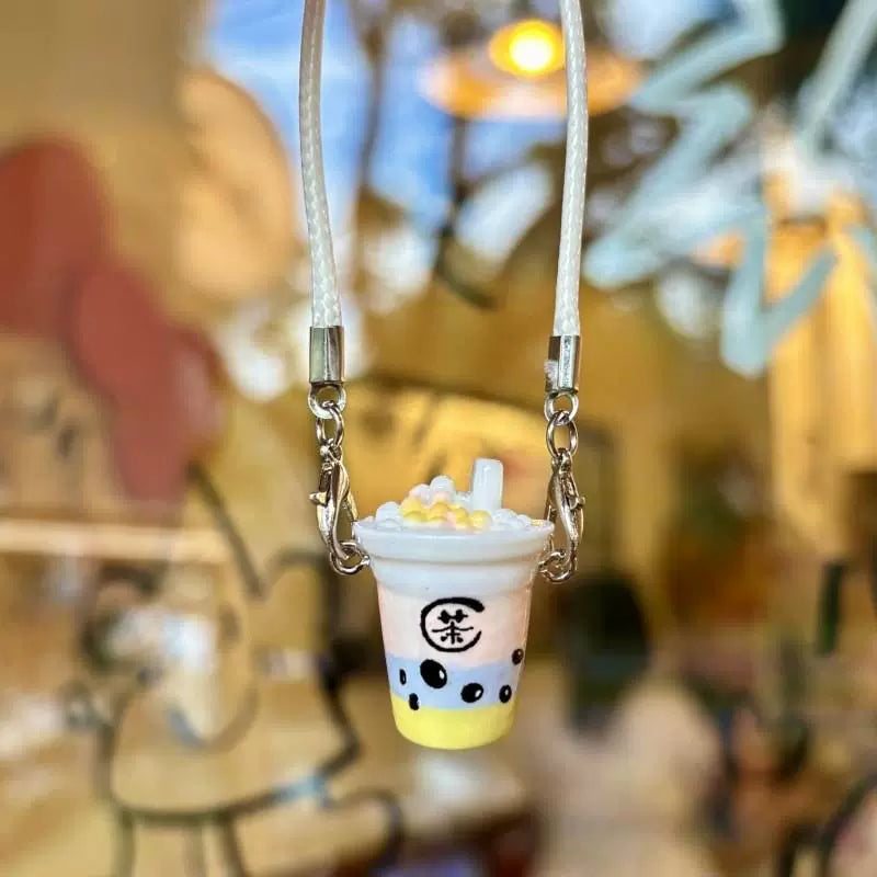 Resin Accessory: Mini Bubble Tea Cup Pendant, Tiny Doll Figurine, Miniature Doll Accessory & Cream-Colored Small Crossbody Bag