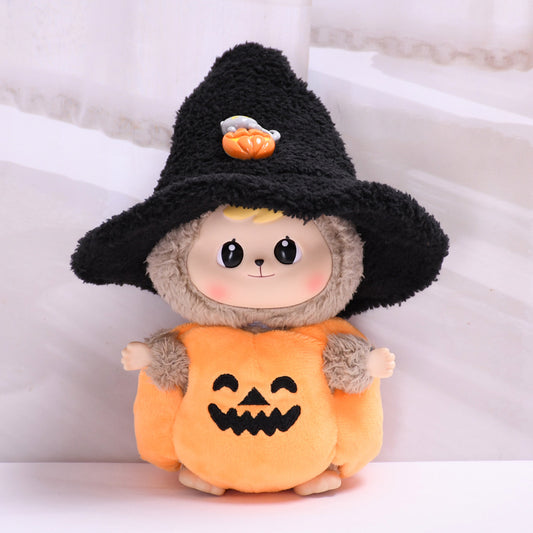 17cm Labubu 1st-2nd Gen Halloween Pumpkin Costume Set with Black Witch Hat | Clothes Only Replacement Outfit for Vinyl/Plush Keychain Charms