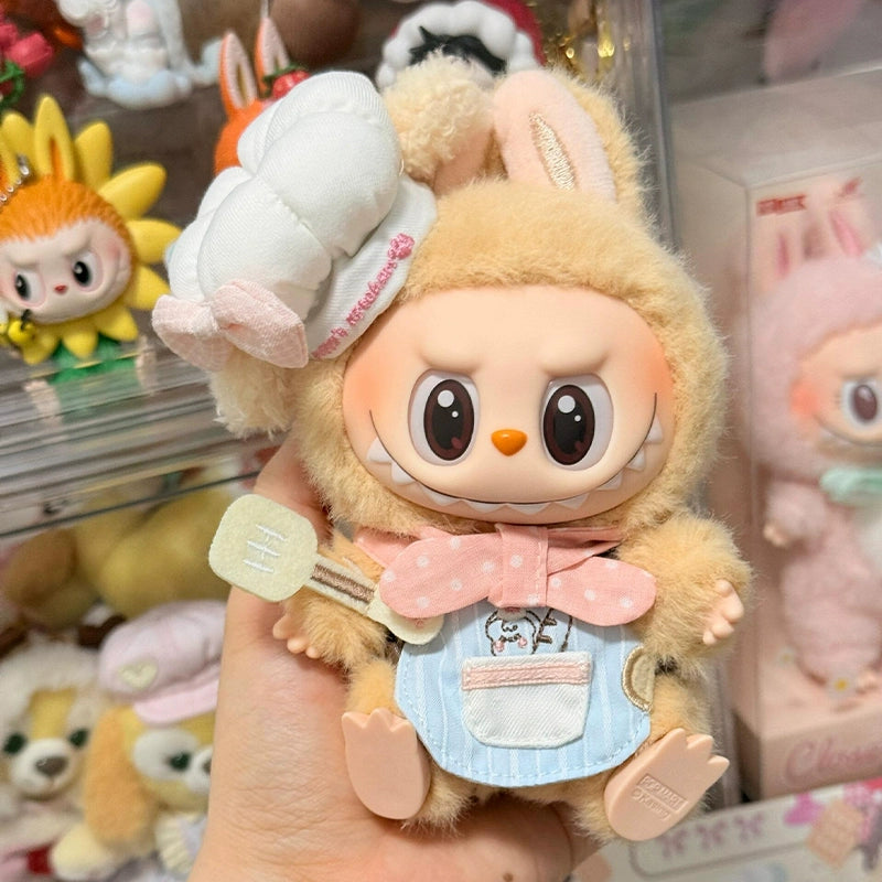 15cm (Seated)/17cm (Standing) Pop Mart Labubu Gen 1-2 Handmade Pink Chef Outfit Set | Apron + Chef Hat + Top | Vinyl/Plush-Compatible Clothes Only for Collectible Dolls & Keychain Charms