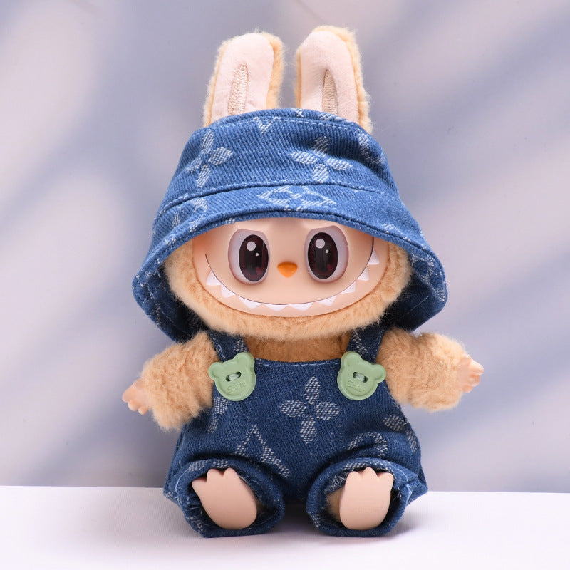 Labubu Series 1/2 Outfit - Printed Overalls & Hat for Keychain Doll Clothes Streetwear