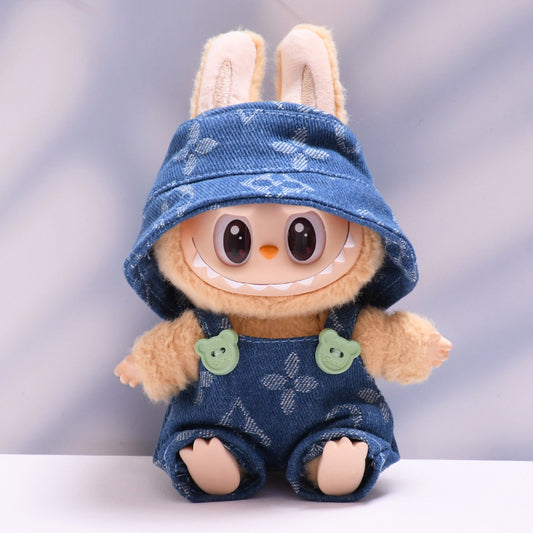 Labubu Series 1/2 Outfit - Printed Overalls & Hat for Keychain Doll Clothes Streetwear