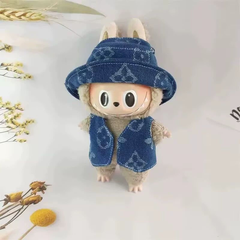 17cm/15cm Labubu Gen 1-2 Handmade Embroidered Clover Denim Hat Set | Vinyl/Plush-Compatible Clothes Only with Detachable Keychain Charm for Seated/Standing Dolls