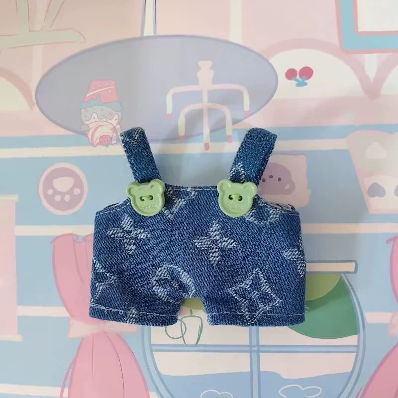 17cm/15cm Labubu Gen 1-2 Handmade Embroidered Clover Denim Hat Set | Vinyl/Plush-Compatible Clothes Only with Detachable Keychain Charm for Seated/Standing Dolls