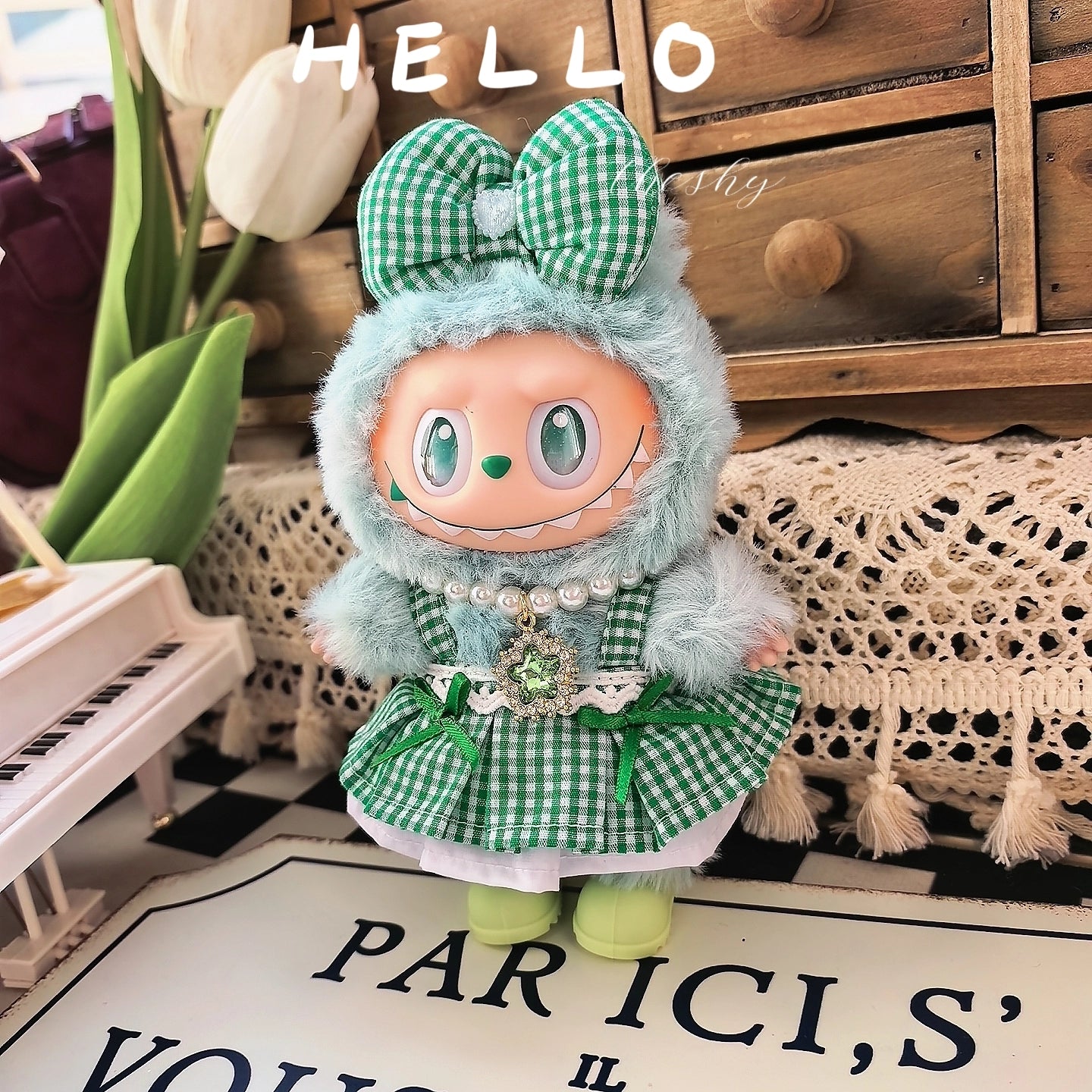 17cm Labubu Gen1-3 Elf Outfit - Green Dress & Hair Clip for Vinyl Doll Clothes