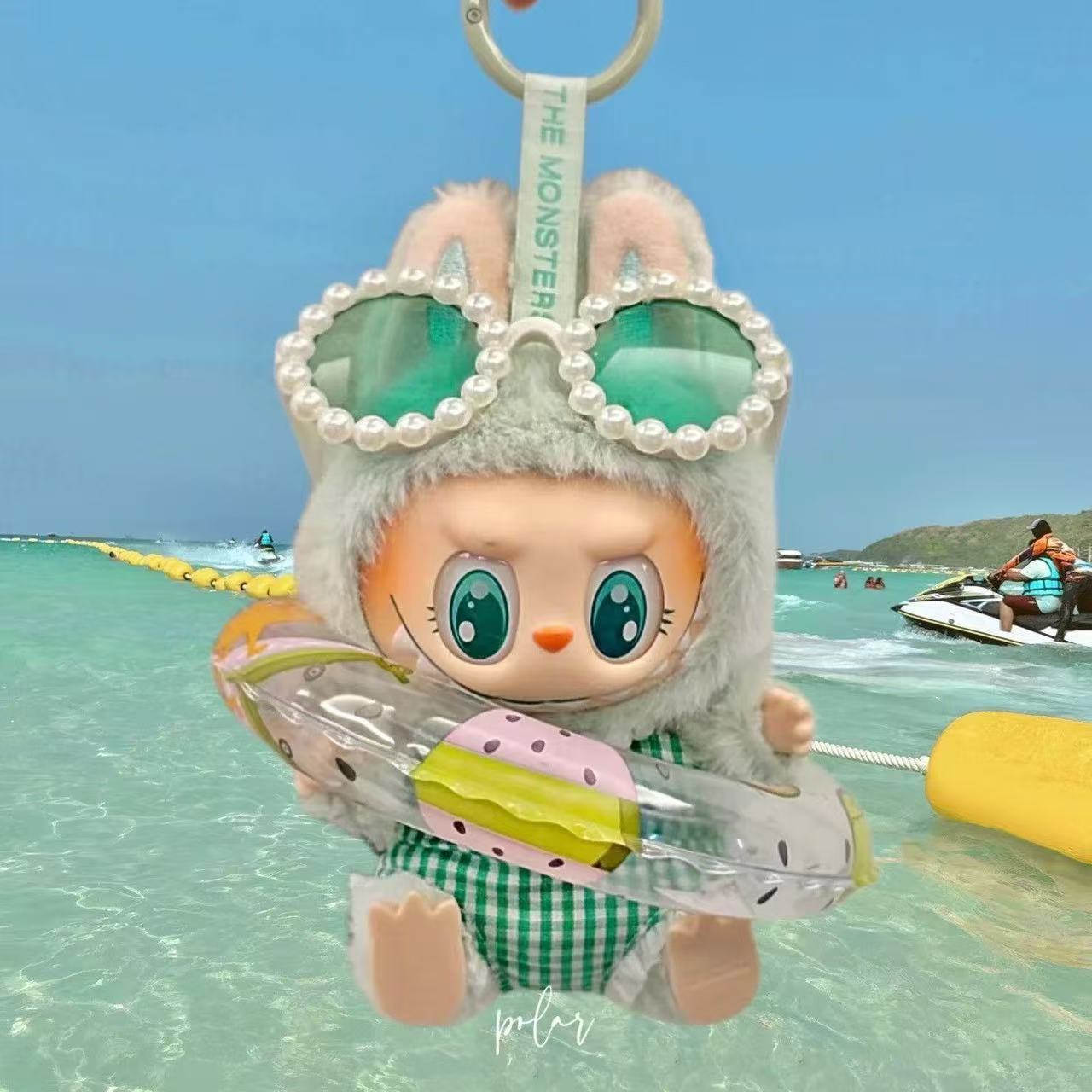 LABUBU Seaside Beach Cute & Super Adorable Doll Outfits & Accessories | Summer Surfing Inflatable Ring, Bikini, Pearl Glasses & Vacation Accessories