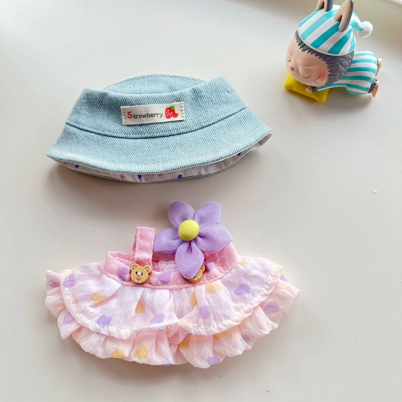 Labubu Have a Seat Series Summer Dress Set - for 17cm Plush Doll Tulle Dress & Floral Bonnet