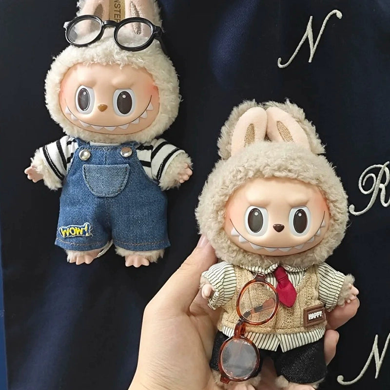 POP MART Labubu Doll Clothes - Striped Tee + Pocket Denim Overalls for Gen 1/2/3 Figures 17cm (No Doll Included)