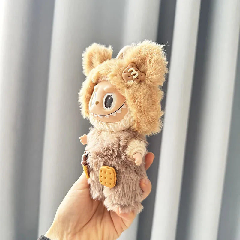 POP MART Labubu Doll Clothes - Teddy Bear Overalls Set for Gen 1/2 Vinyl Figures 17cm (No Doll Included) | Biscuit-Themed Blind Box Keychain Outfit