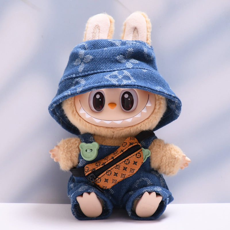 Labubu Series 1/2 Outfit - Printed Overalls & Hat for Keychain Doll Clothes Streetwear