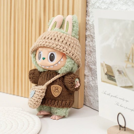 17cm Labubu Gen 1-3 Handmade Knit Sweater Set | Khaki Beanie + Cable-Knit Sweater + Detachable Heart Shoulder Bag | Vinyl/Plush-Compatible Clothes Only for Collectible Dolls