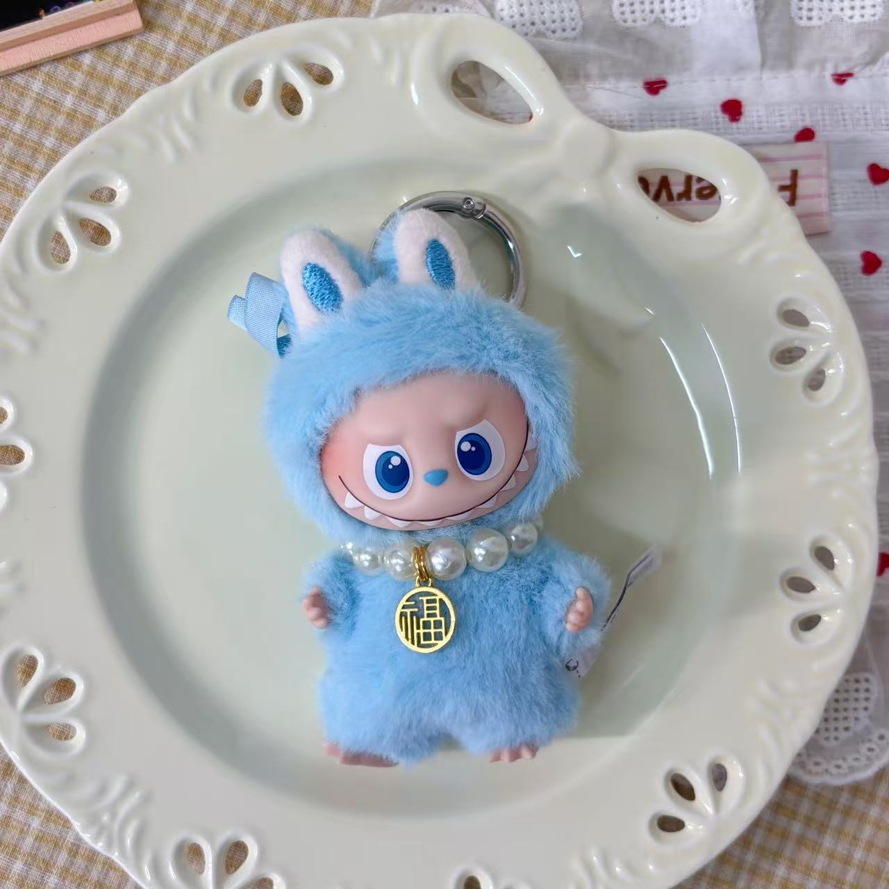 10.5cm Labubu 4th Gen Heart Code Collection Butter Bear Style Vinyl Outfit Set | 2-Piece Overalls & Bear Hat Replacement Clothes for Mini Keychain Charms