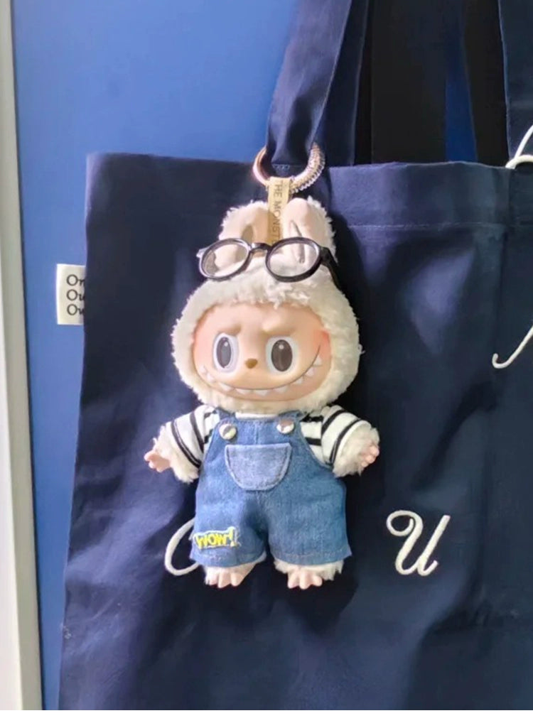 POP MART Labubu Doll Clothes - Striped Tee + Pocket Denim Overalls for Gen 1/2/3 Figures 17cm (No Doll Included)