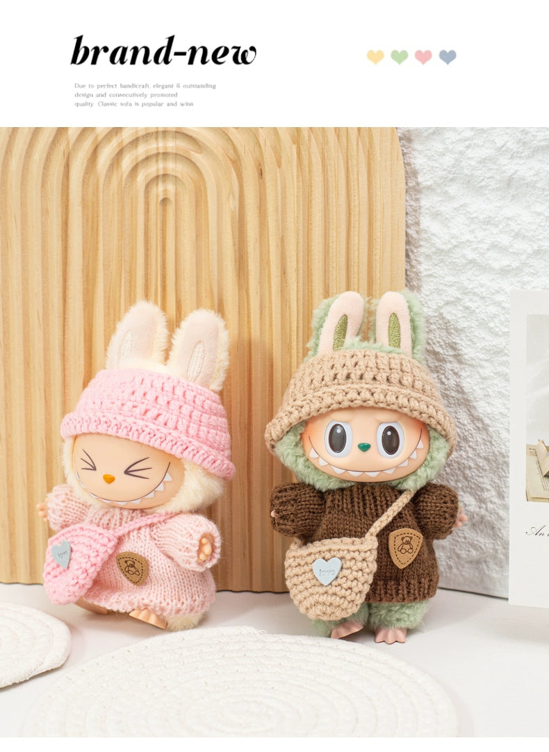 17cm Labubu Gen 1-3 Handmade Knit Sweater Set | Khaki Beanie + Cable-Knit Sweater + Detachable Heart Shoulder Bag | Vinyl/Plush-Compatible Clothes Only for Collectible Dolls
