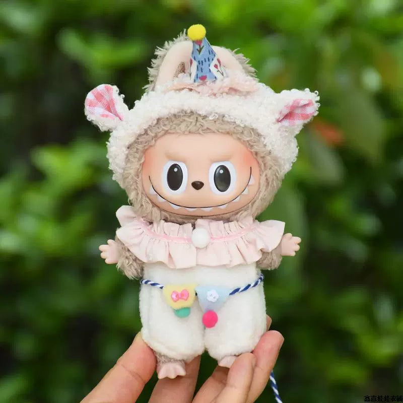 17cm Labubu Gen 1-3 Universal Fit Handmade Pink Bunny 3-Piece Set | Overalls + Hat + Mini Thermos Cup | Vinyl/Plush-Compatible Clothes Only for Collectible Dolls