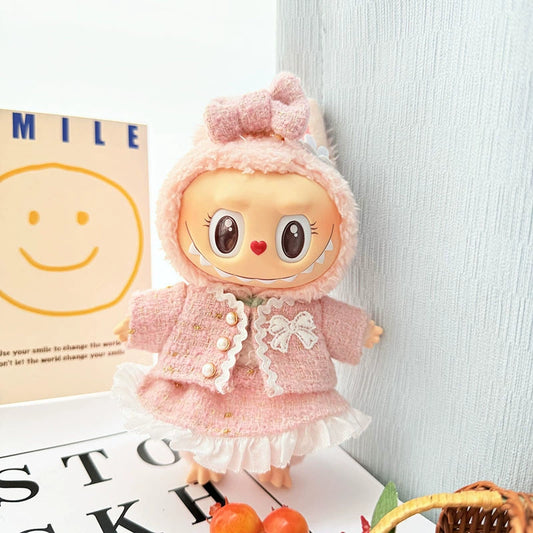 POP MART Labubu 17cm Doll Clothes - Pink Chanel-Style Dress Set w/Keychain for Blind Box Figures (No Doll Included) | Luxury Vinyl Outfit