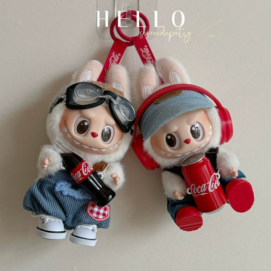 POP MART LABUBU 'Coca-Cola' Outfit Set - Sporty Denim Jeans + Red Headphones & Shoes Costume for 1st/2nd/3rd Gen 17cm Vinyl Figures