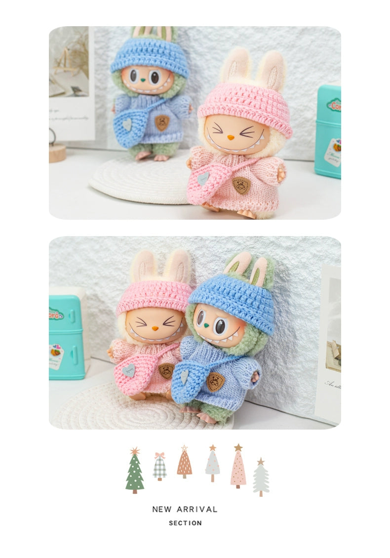 17cm Labubu Gen 1-3 Handmade Knit Sweater Set | Khaki Beanie + Cable-Knit Sweater + Detachable Heart Shoulder Bag | Vinyl/Plush-Compatible Clothes Only for Collectible Dolls