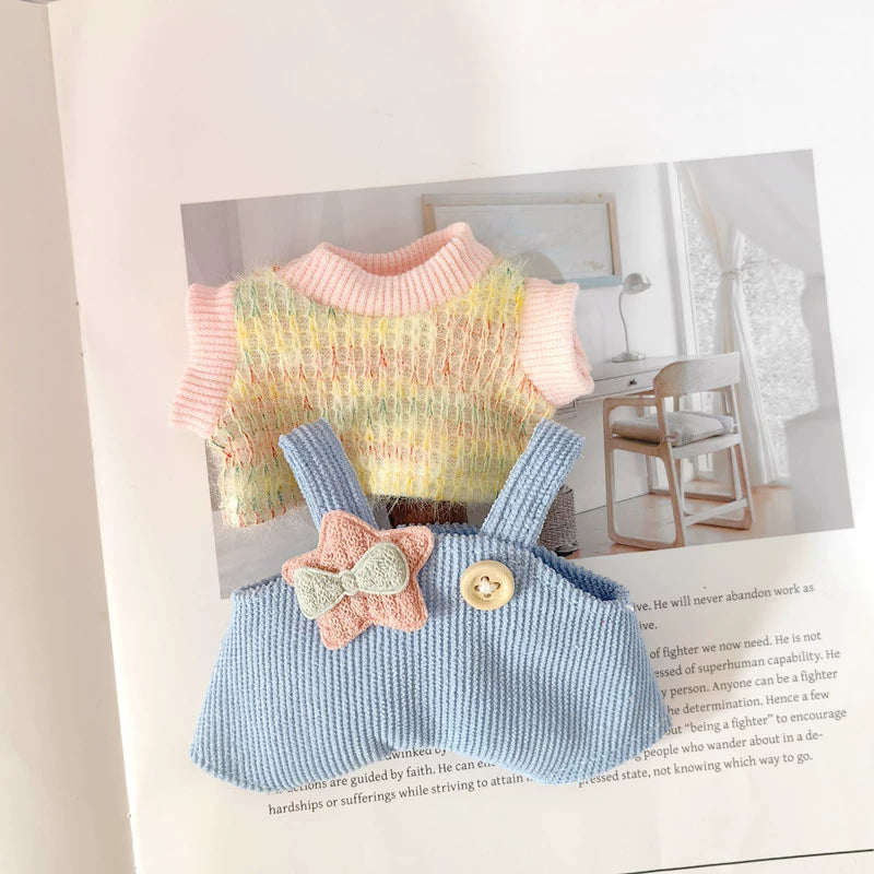 17cm Pop Mart Labubu Gen 2 Handmade Denim Overalls & Knit Sweater Set | T-Shirt + Hoodie | Vinyl/Plush-Compatible Clothes Only for Seated Dolls & Keychain Charms