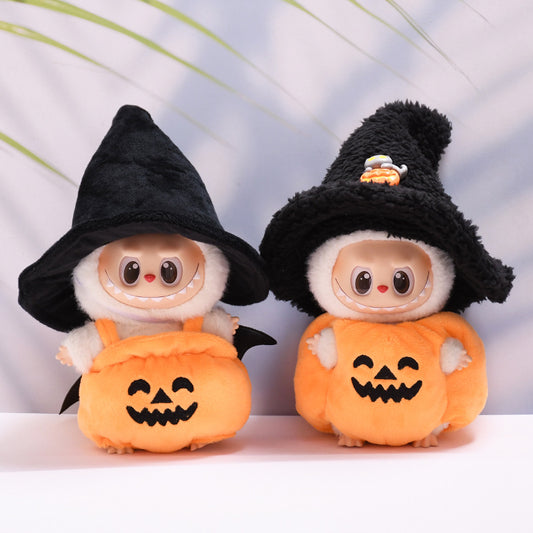 17cm Labubu 1st-2nd Gen Keychain Clothes Only | Halloween Pumpkin Costume Set with Black Witch Hat | Replacement Outfits for Vinyl Dolls