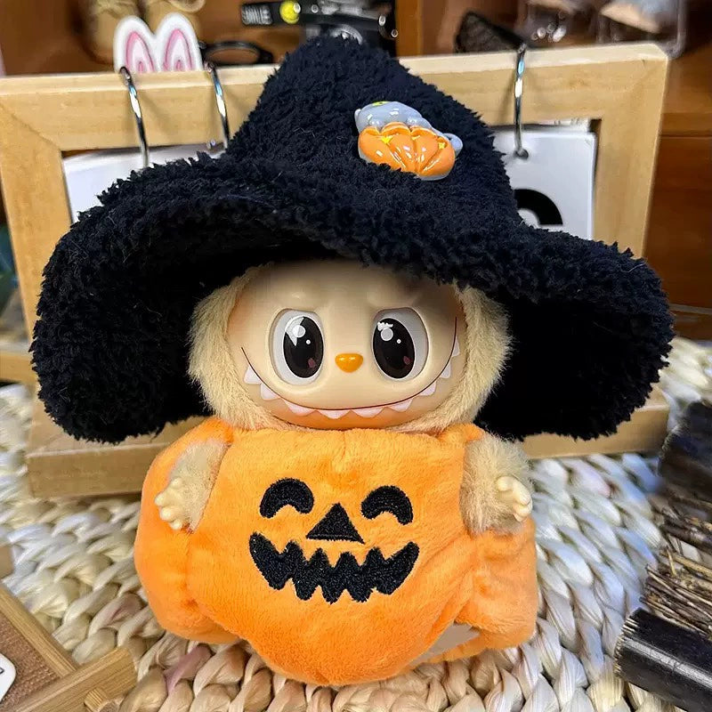 Labubu Pumpkin Costume Set - 17cm Jumpsuit with Oversized Witch Hat for Vinyl Dolls