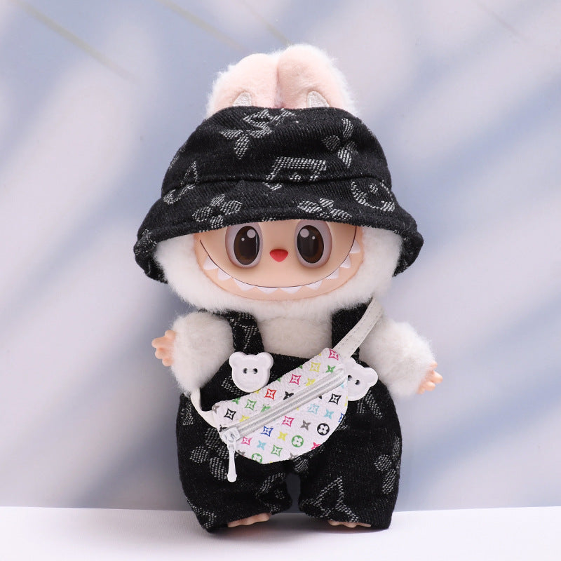 Labubu Series 1/2 Outfit - Printed Overalls & Hat for Keychain Doll Clothes Streetwear
