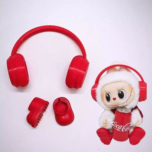POP MART Labubu Cola-Themed Doll Clothes Set - Red Headphones + Denim Overalls + Boots for 17cm Figures (No Doll Included)