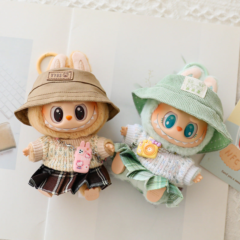 LABUBU Clothes Set, Crochet 4-Piece Set Hat Clothes Cell Phone Backpack, Stylish Adorable Dolls Clothes Accessories (No Doll) (Green)