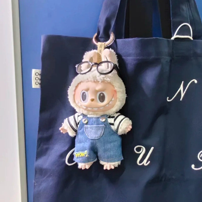 POP MART Labubu Doll Clothes - Striped Tee + Pocket Denim Overalls for Gen 1/2/3 Figures 17cm (No Doll Included)