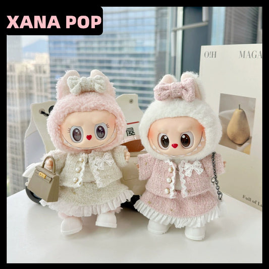POP MART Labubu 17cm Doll Clothes - Pink Chanel-Style 4-Piece Set w/Purse for Blind Box Figures (No Doll Included) | Luxury Vinyl Keychain Outfit