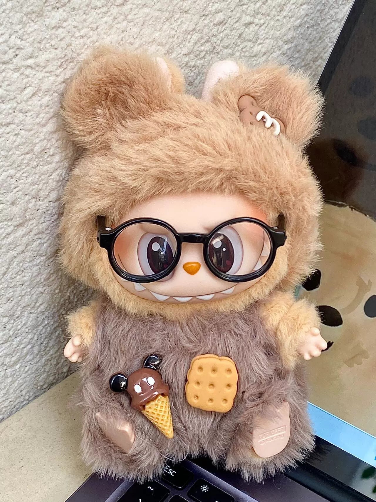 POP MART Labubu Doll Clothes Set - Teddy Bear Overalls + Hat w/Fuzzy Trim for Cotton & Vinyl Figures 17cm (No Doll Included) | Biscuit-Themed