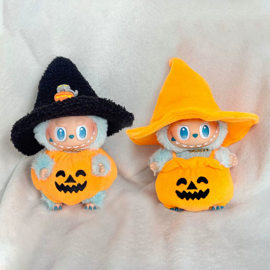 15CM Labubu Gen 1-3 Keychain Halloween Pumpkin Outfit with Overalls & Black Hat (Clothes Only)