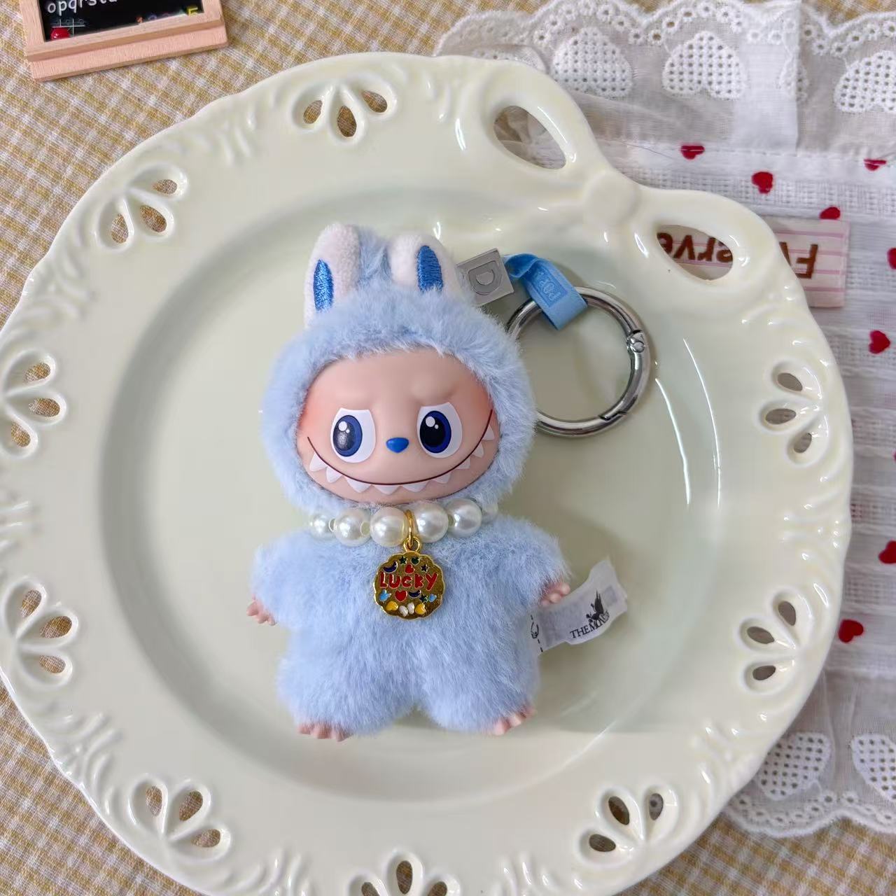 10.5cm Labubu 4th Gen Heart Code Collection Butter Bear Style Vinyl Outfit Set | 2-Piece Overalls & Bear Hat Replacement Clothes for Mini Keychain Charms