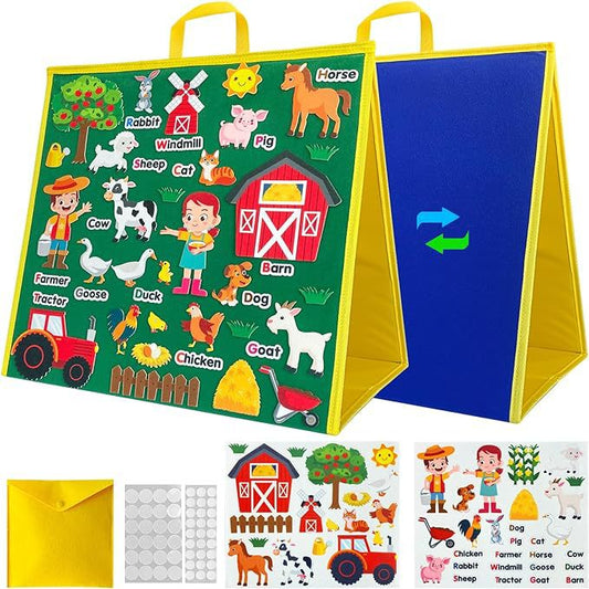 Double-Sided Felt Teaching Board - Standable Story Learning Kit w/ Cartoon Animals Gift