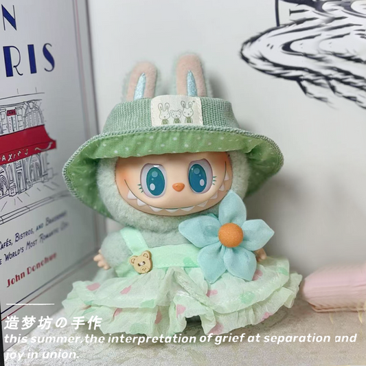 POP MART Labubu Doll Clothes - Summer Green Tulle Dress + Corduroy Hat for Gen 1/2/3 Figures 17cm (No Doll Included)