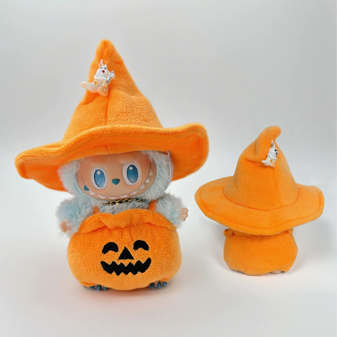 15CM Labubu Gen 1-3 Keychain Halloween Pumpkin Outfit with Overalls & Black Hat (Clothes Only)
