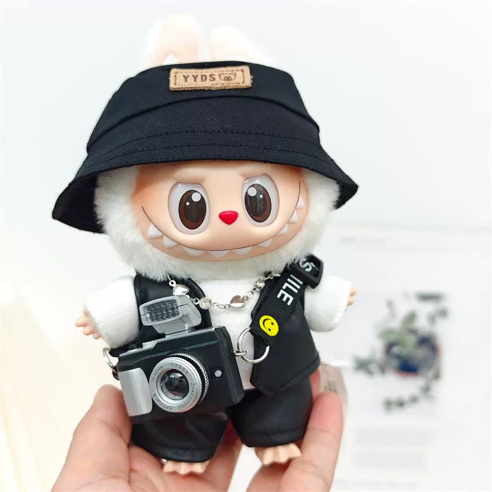 Labubu Outfit Set - Black Cool Overall & Fisherman Hat for 17cm Sitting Figures 1/2/3