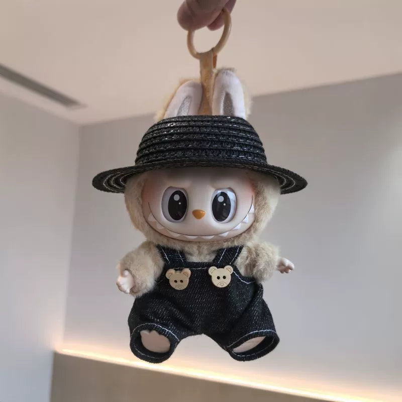 17cm Labubu Denim Overalls Hat Set & Phone Strap for Keychain Doll Accessories