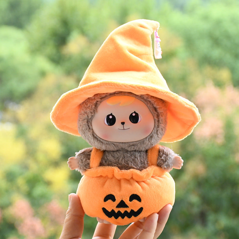 17cm Labubu 1st-2nd Gen Halloween Pumpkin Costume Set with Black Witch Hat | Clothes Only Replacement Outfit for Vinyl/Plush Keychain Charms