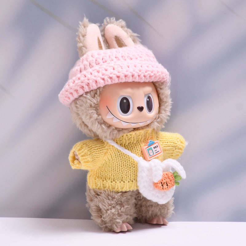 Labubu Series 1/2 Outfit - Brown Knit Sweater Set w/ Hat & Bag for Keychain Doll