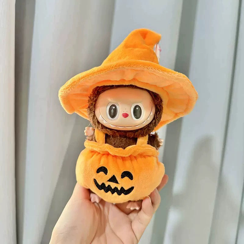 Labubu Pumpkin Costume Set - 17cm Jumpsuit with Oversized Witch Hat for Vinyl Dolls