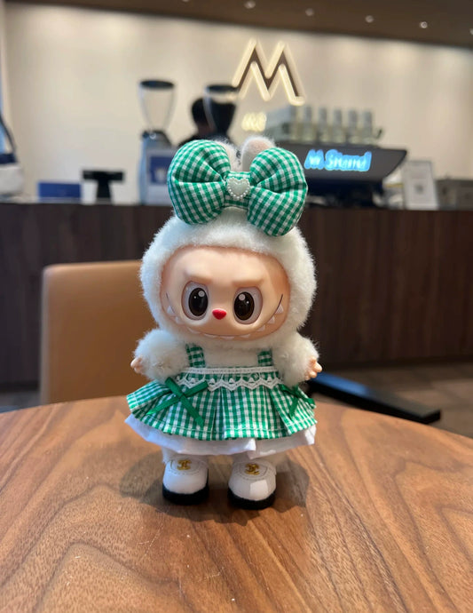 17cm Doll Clothes, Summer Outfits Green Dress + Bow Hair Clip for Vinyl Blind Box