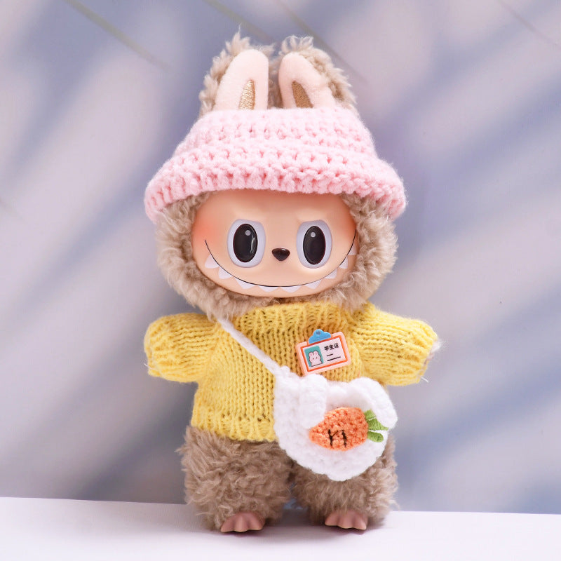 Labubu Series 1/2 Outfit - Brown Knit Sweater Set w/ Hat & Bag for Keychain Doll
