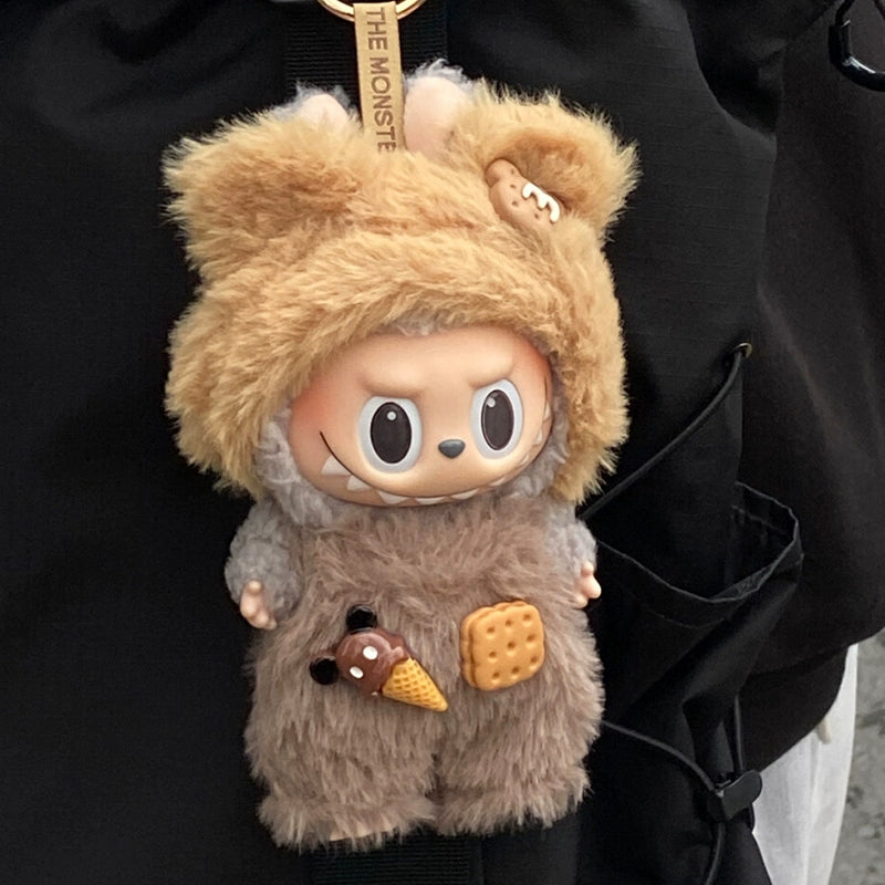 POP MART Labubu Doll Clothes Set - Teddy Bear Overalls + Hat w/Fuzzy Trim for Cotton & Vinyl Figures 17cm (No Doll Included) | Biscuit-Themed