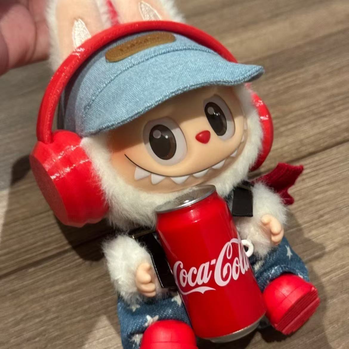 POP MART Labubu Cola-Themed Doll Clothes Set - Red Headphones + Denim Overalls + Boots for 17cm Figures (No Doll Included)